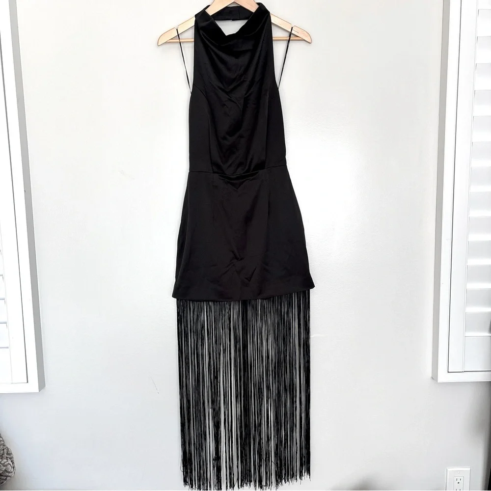 ELLIATT x Revolve Beatrice Halterneck Draped Neckline Fringe Black Dress Size S - Picture 6 of 16
